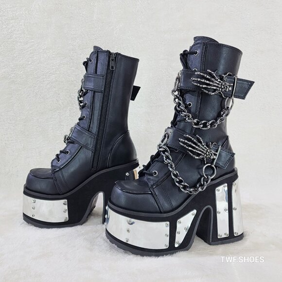 Camel Demonia Goth Punk Mid Calf Platform Boots Skeleton Hands Chains - Picture 8 of 9